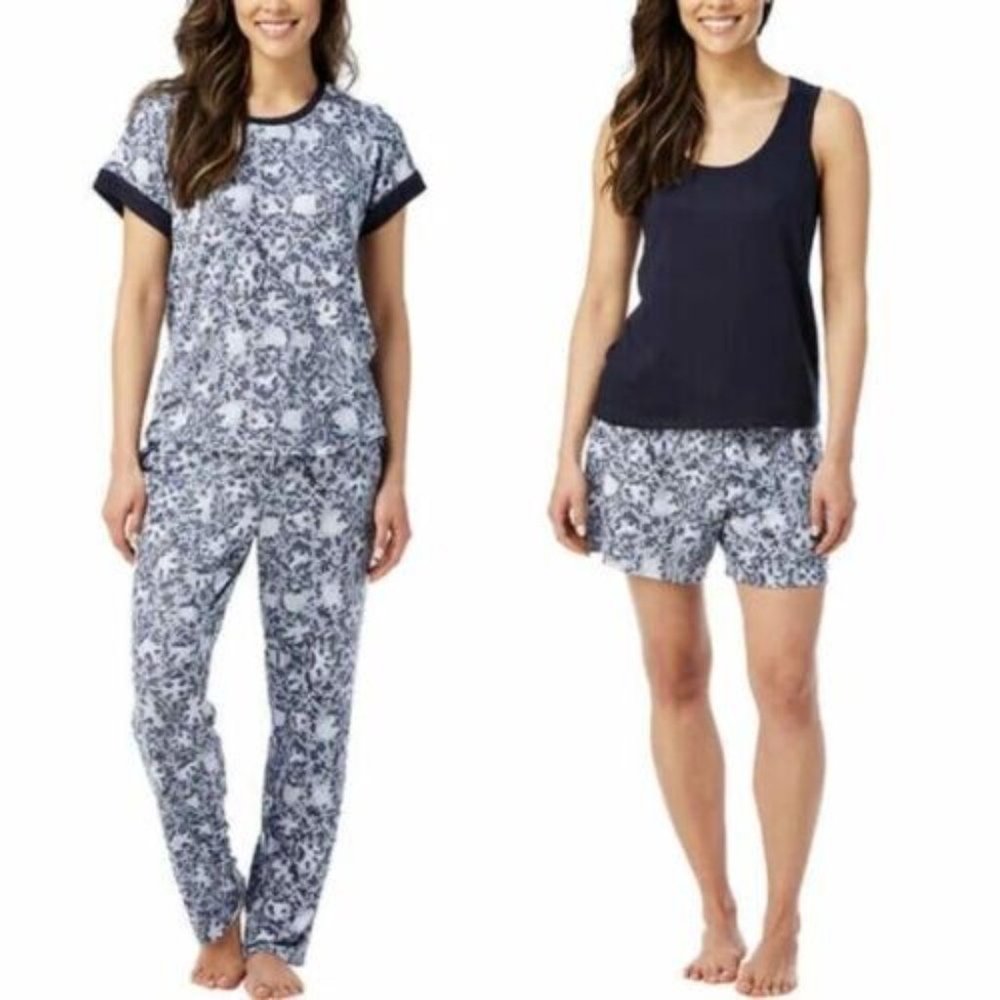 Lucky Brand 4-Piece Tee, Tank, Short, Pant Blue Floral Pajama Set Size S NWT
